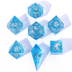 Hymgho Dice: 7 Set Polyhedral Liquid Core Sharp Edge Resin Aqua Glitter BRR037